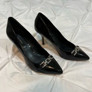 Black Patent Pointy Toe Silver Chain Heels